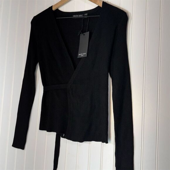 Brave Soul Wrap Top Ribbed Knit Long Sleeve Sweater Black Tie Waist M NWT Goth - Picture 2 of 12